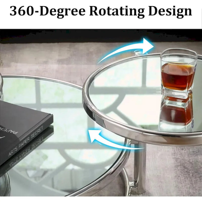 Tavolino da Caffè Rotondo a 3 Livelli in Vetro con Piano Girevole a 360°