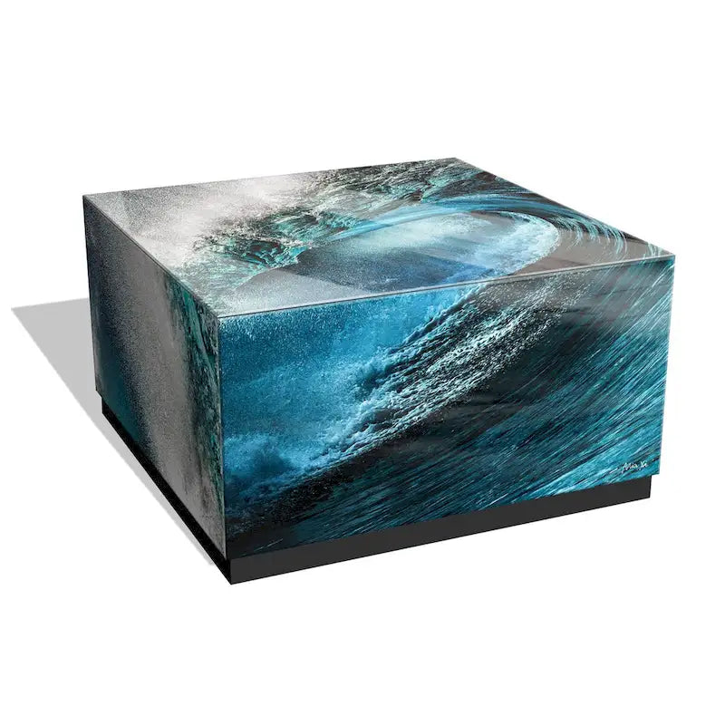 Sapphire Sea Reverse Printed Beveled Art Glass Cocktail Table with Black Plinth Base