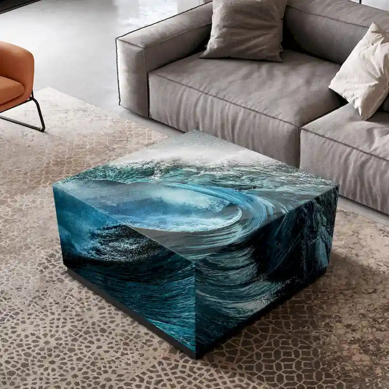 Tavolino da cocktail con vetro artistico smussato e base a plinto nera