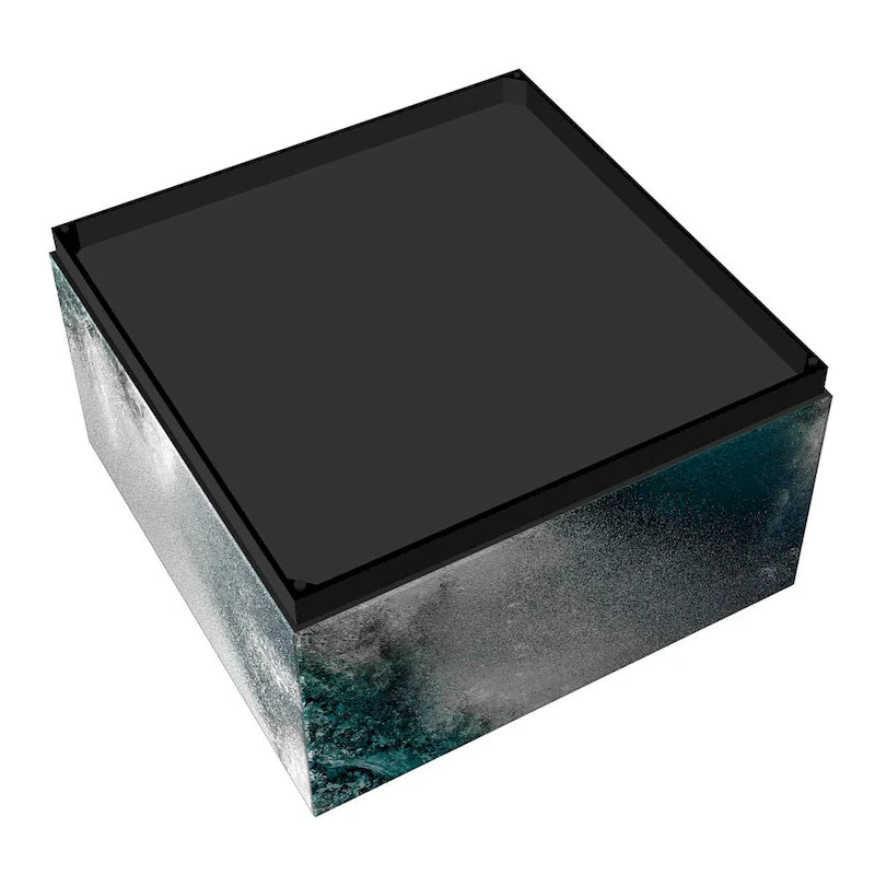 Tavolino da cocktail con vetro artistico smussato e base a plinto nera