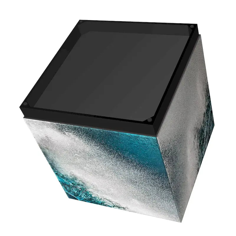 Tavolino da cocktail con vetro artistico smussato e base a plinto nera