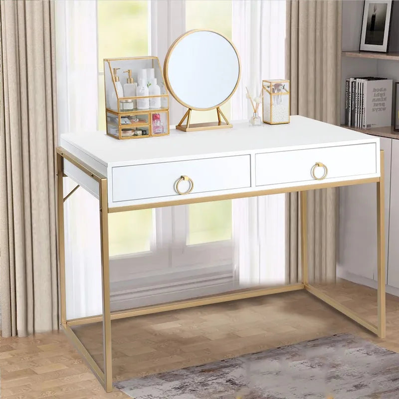Scrivania moderna con 2 cassetti – Bianco e oro, Home Office