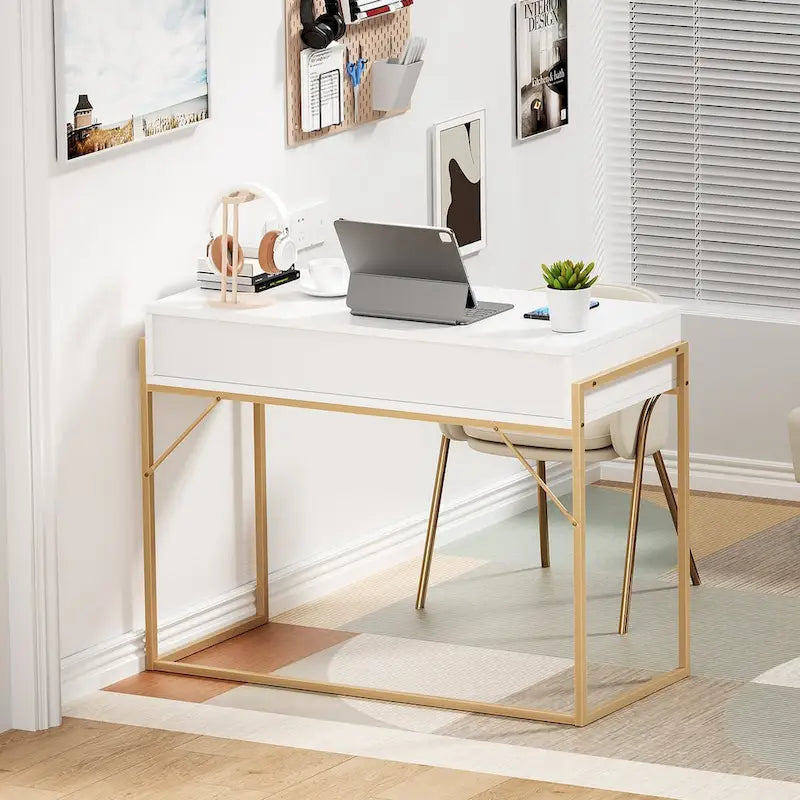 Scrivania moderna con 2 cassetti – Bianco e oro, Home Office