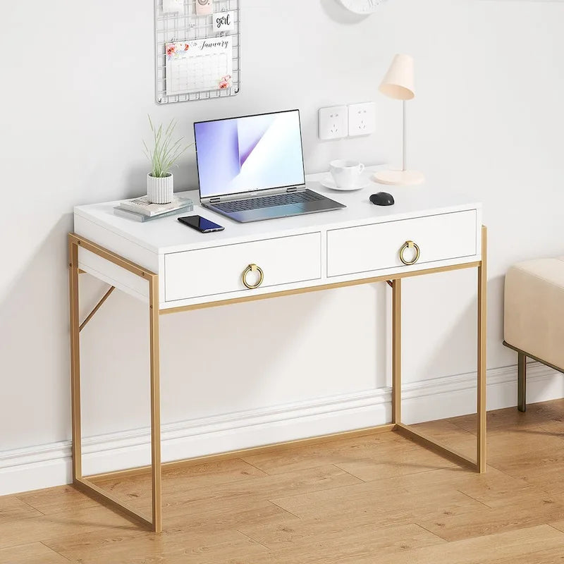 Scrivania moderna con 2 cassetti – Bianco e oro, Home Office