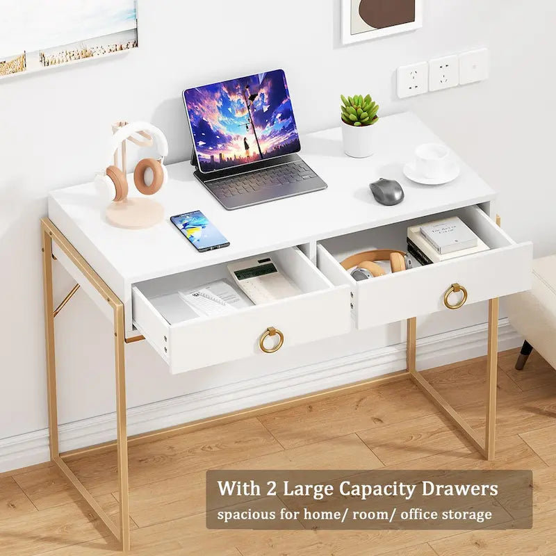 Scrivania moderna con 2 cassetti – Bianco e oro, Home Office