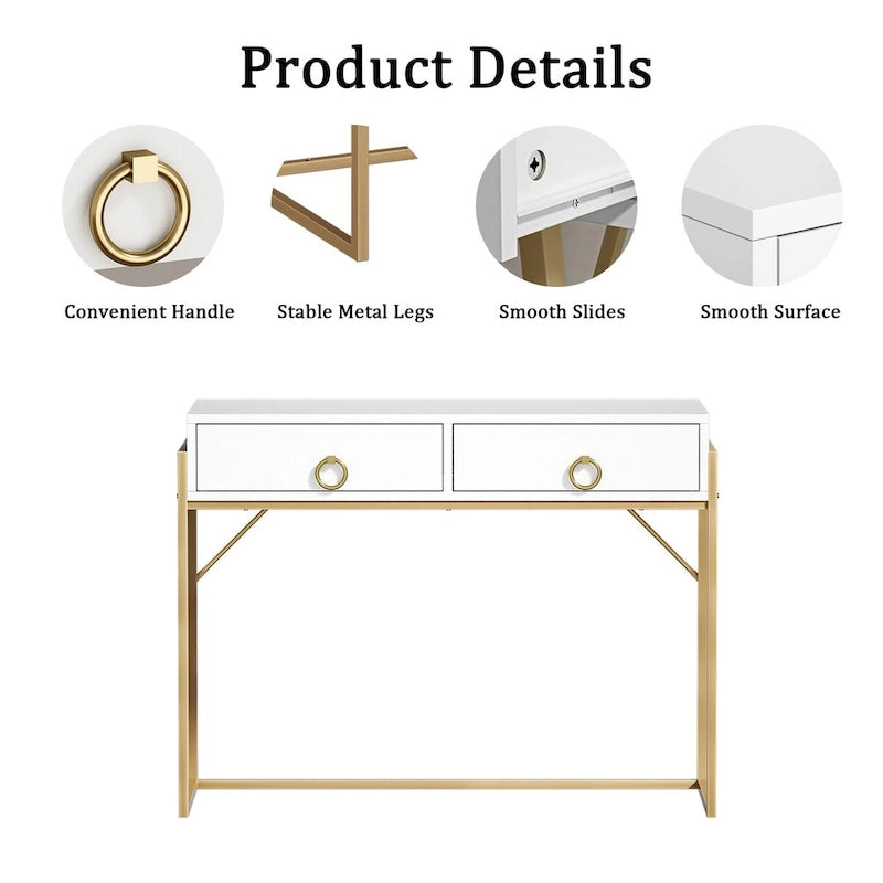 Scrivania moderna con 2 cassetti – Bianco e oro, Home Office