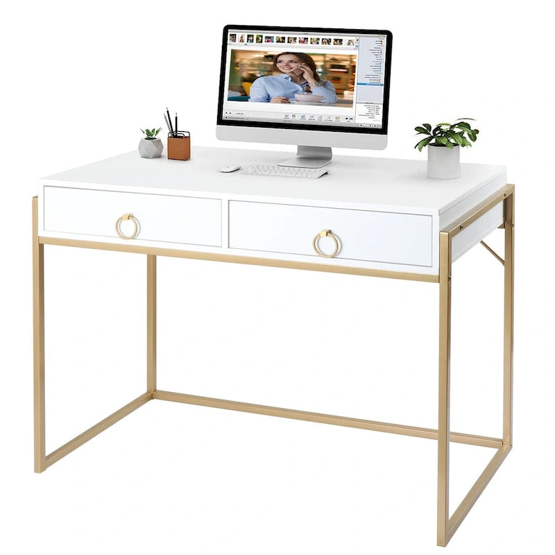 Scrivania moderna con 2 cassetti – Bianco e oro, Home Office